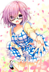 Rule 34 | 1girl, bad id, bad pixiv id, dress, fate/grand order, fate (series), glasses, hair over one eye, looking at viewer, mash kyrielight, mash kyrielight (senpai killer outfit), official alternate costume, open mouth, outstretched arm, outstretched hand, plaid, plaid dress, purple eyes, purple hair, short hair, smile, solo, yadapot