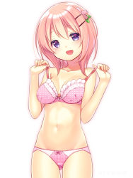 Rule 34 | 1girl, arms up, bow, bow panties, bra, bra pull, breasts, cleavage, clothes pull, female focus, flower, gluteal fold, gochuumon wa usagi desu ka?, hair flower, hair ornament, hairclip, hoto cocoa, navel, open mouth, panties, pink bra, pink hair, pink panties, polka dot, polka dot bra, polka dot panties, pulling own clothes, purple eyes, short hair, simple background, smile, solo, thighs, underwear, underwear only, usume shirou, white background