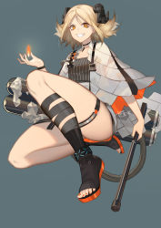 Rule 34 | 1girl, arknights, blue background, breasts, choker, demon girl, demon horns, fire, flamethrower, grin, highres, holding, holding weapon, horns, ifrit (arknights), infection monitor (arknights), legs, molianmengdada, nail polish, orange eyes, orange hair, orange nails, originium arts (arknights), platinum blonde hair, short hair, simple background, slit pupils, small breasts, smile, thighs, toenails, toes, weapon