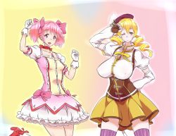 Rule 34 | 10s, 2girls, alternate breast size, beret, black legwear, blonde hair, blush, bow (weapon), breasts, brown legwear, bubble skirt, choker, corset, detached sleeves, drill hair, fingerless gloves, gloves, hair ornament, hair ribbon, hairpin, hat, huge breasts, kaname madoka, long hair, magical girl, mahou shoujo madoka magica, mahou shoujo madoka magica (anime), mizuumi (bb), multiple girls, open mouth, pink eyes, pink hair, pleated skirt, puffy sleeves, ribbon, short hair, short twintails, skirt, striped clothes, striped thighhighs, thighhighs, tomoe mami, twin drills, twintails, vertical-striped clothes, vertical-striped thighhighs, weapon, white gloves, white legwear, yellow eyes
