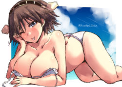 Rule 34 | 10s, 1girl, ;p, ass, bare shoulders, bikini, blue eyes, breasts, brown hair, cleavage, collarbone, headgear, hiei (kancolle), kantai collection, large breasts, looking at viewer, one eye closed, shinshin, short hair, smile, solo, swimsuit, tongue, tongue out, white bikini