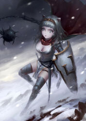 Rule 34 | 1girl, :o, animal ears, armor, blunt bangs, breasts, cangkong, cape, cat ears, cat tail, cleavage, cloud, cloudy sky, dress, flail, full body, gauntlets, greaves, grey dress, grey eyes, grey hair, hairband, highres, holding, holding weapon, long hair, morning star, outdoors, scabbard, sheath, shield, side slit, sky, sleeveless, sleeveless dress, snow, snowing, solo, tail, thigh strap, thighhighs, weapon