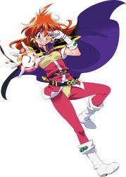 Rule 34 | 1girl, araizumi rui, belt, boots, cape, full body, gloves, grin, hand on own face, headband, lina inverse, long hair, looking at viewer, magic, official art, one eye closed, outstretched arm, red eyes, red hair, short sleeves, slayers, smile, solo, transparent background, v, white footwear, white gloves