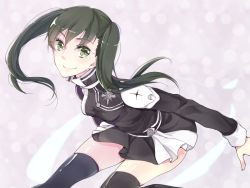 Rule 34 | 1girl, black hair, breasts, d.gray-man, green eyes, lenalee lee, long hair, pink background, skirt, smile, thighhighs, twintails