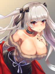 Rule 34 | 1girl, aran sweater, azur lane, belfast (azur lane), belfast (azur lane) (cosplay), belfast (shopping with the head maid) (azur lane), breasts, brown sweater, cable knit, choker, cleavage, cosplay, earrings, formidable (azur lane), hair ribbon, highres, jewelry, large breasts, lasts, leaning forward, long hair, looking at viewer, nail polish, off-shoulder sweater, off shoulder, orange eyes, red nails, ribbon, simple background, solo, sweater, twintails, white hair