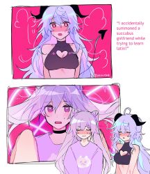 Rule 34 | 2girls, ahoge, alt text, bare arms, black choker, black shirt, blue hair, blush, border, bright pupils, choker, cleavage cutout, closed eyes, closed mouth, clothing cutout, commentary, cone hair bun, crop top, demon tail, embarrassed, english text, ganyu (genshin impact), genshin impact, hair bun, heart cutout, highres, horns, keqing (genshin impact), long hair, multiple girls, open mouth, pink background, pink eyes, ppia0306, purple hair, purple sweater, shirt, sleeveless, sleeveless shirt, sweat, sweater, tail, twitter username, white border, white pupils, yuri