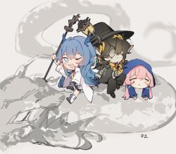 Rule 34 | 1boy, 2girls, ;d, = =, arknights, black headwear, black jacket, black pants, black shorts, blonde hair, blue eyes, blue hair, blue horns, blue jacket, blue poison (arknights), blush, brown hair, chibi, cigarette, closed mouth, coat, colored skin, commentary, dragon girl, dragon horns, earrings, english commentary, glasses, grey background, hair between eyes, hat, highres, holding, holding staff, hood, hood up, hooded jacket, horns, jacket, jewelry, lee (arknights), ling (arknights), long hair, long sleeves, low twintails, multicolored hair, multiple girls, necktie, one eye closed, open clothes, open coat, open mouth, pants, pink hair, pointy ears, ruri (dailybloopy), shorts, sidelocks, simple background, smile, staff, streaked hair, twintails, white coat, white footwear, yellow necktie