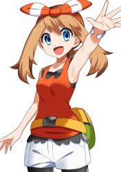 Rule 34 | 1girl, absurdres, arm up, armpits, bandana, blue eyes, breasts, brown hair, cowboy shot, creatures (company), fanny pack, game freak, highres, long hair, may (pokemon), nintendo, open mouth, outstretched arm, pokemon, pokemon oras, red tank top, shorts, solo, tank top, white shorts, yuihico