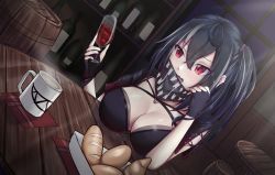 Rule 34 | 1girl, absurdres, alcohol, azur lane, bandana, bandana over mouth, barrel, black gloves, black hair, black nails, blush, bread, breasts, cleavage, coffee, coffee mug, cup, drinking glass, dutch angle, evening, fingerless gloves, flareza, food, gloves, hair between eyes, hair ornament, hair scrunchie, highres, indoors, large breasts, mug, multicolored hair, nail polish, one side up, open mouth, red eyes, red wine, scrunchie, short sleeves, sitting, slit pupils, solo, streaked hair, table, u-47 (azur lane), u-47 (eigenen raum) (azur lane), window, wine, wine glass, wine rack, wooden table