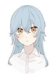 Rule 34 | 1other, androgynous, blue hair, collar, collared shirt, fu ku1 437, hair between eyes, long hair, looking at viewer, open mouth, rimuru tempest, shirt, simple background, solo, tensei shitara slime datta ken, white background, white shirt, yellow eyes