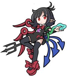 Rule 34 | 1girl, asymmetrical wings, black hair, black thighhighs, blue wings, bow, bowtie, center frills, closed mouth, commentary, footwear bow, frills, full body, houjuu nue, messy hair, parody, pointy ears, polearm, puyopuyo, red bow, red bowtie, red eyes, red footwear, red wings, shinmon akika, short sleeves, simple background, snake armband, solo, style parody, thighhighs, touhou, trident, weapon, white background, wings
