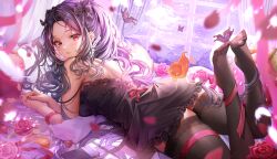 Rule 34 | 1girl, absurdres, black bow, black hair, black nightgown, black thighhighs, bow, bug, butterfly, butterfly on foot, curtains, dark-skinned female, dark skin, eyelashes, feathers, feet, flower, food, fruit, hair bow, highres, insect, isari sensei, leg ribbon, long hair, lying, mascot, mole, mole under eye, nightgown, nijisanji, nijisanji en, on bed, on stomach, parted lips, pillow, pink flower, pink ribbon, pink rose, red bow, red eyes, red flower, red rose, ribbon, rose, scarle yonaguni, scarle yonaguni (3rd costume), second-party source, sleepwear, solo, star (symbol), strap slip, strawberry, streamers, thighhighs, toes, virtual youtuber, white feathers, window