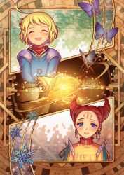 Rule 34 | 2boys, ahoge, anniversary, blonde hair, blue eyes, blush, brown hair, closed eyes, collar, copyright name, crying, crying with eyes open, drill hair, earrings, facial mark, fairy, final fantasy, final fantasy tactics advance, forehead mark, glowing, haruhito (pixiv56745), highres, jewelry, male focus, marche radiuju, mewt randell, multiple boys, necklace, short hair, shoulder spikes, snowflakes, spikes, tears, upper body, watermark