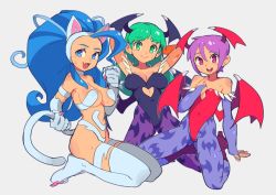 Rule 34 | 3girls, :3, :d, animal ears, animal hands, animal print, arm support, arms behind head, arms up, bare shoulders, bat print, bat wings, big hair, blue hair, body fur, breasts, bridal gauntlets, cat ears, cat girl, cat tail, claws, cleavage, clothing cutout, covered erect nipples, covered navel, demon girl, elbow gloves, felicia (vampire), female focus, flat chest, full body, gloves, green eyes, green hair, grey background, hand on own chest, head wings, high heels, kneeling, large breasts, leotard, lilith aensland, long hair, looking at viewer, matching hair/eyes, morrigan aensland, multiple girls, open mouth, pantyhose, pointing, pointing at self, print legwear, purple hair, red eyes, red leotard, short hair, slammo, smile, sweat, tail, vampire (game), white fur, wings