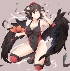 Rule 34 | 1girl, absurdres, alternate costume, bird wings, black feathers, black footwear, black hair, black wings, boots, breasts, cleavage, closed mouth, commission, competition swimsuit, cross-laced footwear, elbow pads, feathers, full body, grey background, groin, hand fan, hand in own hair, hat, hauchiwa, highleg, highleg swimsuit, highres, holding, holding fan, jyaoh0731, knee pads, lace-up boots, large breasts, leaf print, looking at viewer, navel, one-piece swimsuit, pixiv commission, pom pom (clothes), red eyes, red hat, shameimaru aya, short hair, simple background, solo, squatting, swimsuit, tokin hat, touhou, wings