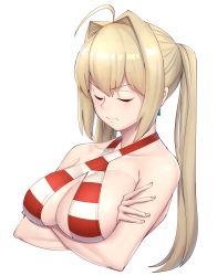Rule 34 | 1girl, ahoge, bikini, blonde hair, blush, breast hold, breasts, closed eyes, closed mouth, criss-cross halter, crossed arms, fate/grand order, fate (series), hair intakes, hair iron, halterneck, large breasts, long hair, michihasu, nero claudius (fate), nero claudius (fate) (all), nero claudius (swimsuit caster) (fate), sidelocks, simple background, solo, striped bikini, striped clothes, swimsuit, twintails, upper body, white background