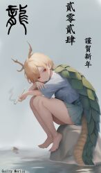 Rule 34 | 1girl, antlers, barefoot, blonde hair, blue shirt, dragon girl, dragon horns, dragon tail, guilty merlin, highres, holding, holding smoking pipe, horns, kicchou yachie, looking at viewer, red eyes, shirt, short hair, smile, smoking pipe, tail, touhou, turtle shell, yellow horns