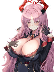 Rule 34 | 1girl, areola slip, black gloves, blue archive, blush, breasts, brown eyes, cleavage, closed mouth, gloves, habu rin, halo, hand up, highres, horns, huge breasts, large breasts, long hair, long sleeves, looking at viewer, mole, mole on breast, necktie, parted bangs, pink hair, red necktie, satsuki (blue archive), simple background, smile, solo, upper body, white background