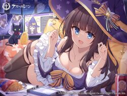 Rule 34 | 1girl, :d, azur lane, bare shoulders, black thighhighs, blue eyes, blunt bangs, breasts, brown hair, cleavage, collarbone, computer, copyright notice, dress, frilled sleeves, frills, ghost, halloween, halloween costume, hat, highres, holding, jacket, long hair, long island (azur lane), long island (long island&#039;s spooky stream) (azur lane), long sleeves, looking at viewer, medium breasts, official alternate costume, official art, open mouth, purple hat, purple jacket, sidelocks, sitting, sleeveless, sleeveless dress, smile, solo, t@ke-g, thighhighs, very long hair, white dress, witch hat, zettai ryouiki