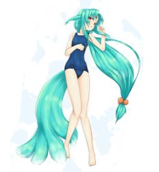 Rule 34 | 1girl, animal ears, barefoot, blue hair, blush, carbuncle (final fantasy), facial mark, final fantasy, forehead mark, full body, long hair, low-tied long hair, lying, multiple tails, one-piece swimsuit, original, pen (pen3), personification, red eyes, school swimsuit, solo, swimsuit, tail, very long hair, white background