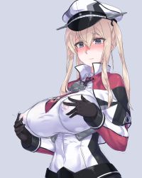 Rule 34 | 10s, 1girl, black gloves, blonde hair, blush, breasts, commentary request, covered erect nipples, gloves, grabbing own breast, graf zeppelin (kancolle), grey background, hat, highres, huge breasts, kantai collection, large areolae, long hair, mizuumi (bb), purple background, purple eyes, revision, simple background, solo, trembling
