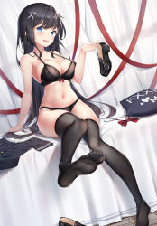 Rule 34 | 1girl, :d, absurdres, arm support, armpits, bare legs, bare shoulders, bed, black bra, black hair, black panties, black shirt, black thighhighs, blue eyes, bow, bowtie, bra, breasts, cleavage, collarbone, commentary request, curtains, feet, hair ornament, halterneck, highres, holding, k.t.cube, lace, lace-trimmed bra, lace-trimmed panties, lace trim, large breasts, lingerie, loafers, long hair, looking at viewer, navel, on bed, open mouth, original, panties, red ribbon, ribbon, shirt, unworn shirt, shoes, unworn shoes, sidelocks, sitting, smile, solo, stomach, strap gap, thighhighs, thighs, underwear, v-shaped eyebrows, very long hair, x hair ornament