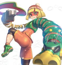 Rule 34 | 1girl, arms (game), ass, beanie, bike shorts, blonde hair, chinese clothes, dragon (arms), facepaint, food, gonzarez, green eyes, hat, highres, leggings, leggings under shorts, looking at viewer, mask, min min (arms), noodles, pantyhose, short hair, shorts, solo