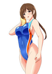 Rule 34 | 1girl, bad id, bad pixiv id, blue one-piece swimsuit, brown eyes, brown hair, competition swimsuit, covered navel, cowboy shot, highleg, highleg swimsuit, highres, idolmaster, idolmaster cinderella girls, idolmaster cinderella girls starlight stage, long hair, low ponytail, nitta minami, one-piece swimsuit, outdoors, simple background, solo, standing, swimsuit, white background, yao (user jzpa8855), yellow towel
