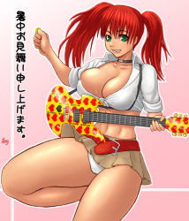 Rule 34 | 1girl, breasts, candy cane (rumble roses), cleavage, green eyes, guitar, instrument, large breasts, long hair, panties, red hair, rumble roses, solo, tenji, translation request, twintails, underwear