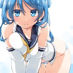 Rule 34 | 10s, 1girl, all fours, blue eyes, blue hair, bow, bow panties, breasts, breasts squeezed together, cleavage, closed mouth, dd (ijigendd), double bun, elbow gloves, gloves, hair between eyes, hair bun, kantai collection, large breasts, long hair, looking at viewer, no pants, panties, sailor collar, sailor shirt, shirt, simple background, smile, solo, striped clothes, striped panties, thigh gap, underwear, urakaze (kancolle), white gloves