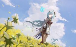 Rule 34 | 1girl, ahoge, bell, blue hair, blue sky, bodystocking, closed mouth, cloud, commentary request, detached sleeves, feet out of frame, field, flower, flower field, ganyu (genshin impact), genshin impact, goat horns, highres, horns, long hair, neck bell, outdoors, petals, purple eyes, sky, solo, very long hair, white sleeves, zakkuri