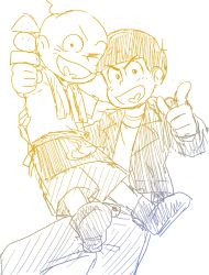 Rule 34 | 10s, 2boys, apron, arm around waist, bald, black hair, chibita, denim, facial mark, food, heart, heart in mouth, height difference, highres, jacket, jeans, male focus, matsuno karamatsu, multiple boys, oden, one eye closed, osomatsu-kun, osomatsu-san, pants, pointing, pointing at viewer, simple background, sketch, smile, suga122, towel, towel around neck, waist apron, whisker markings, white background