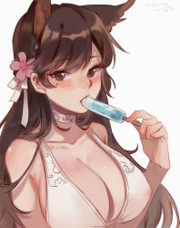 Rule 34 | 1girl, animal ears, atago (azur lane), atago (summer march) (azur lane), azur lane, bikini, bikini top only, blush, breasts, brown eyes, brown hair, cleavage, commentary request, flower, food, hair flower, hair ornament, large breasts, long hair, looking at viewer, mole, mole under eye, popsicle, simple background, solo, spirit (624793092), swimsuit, upper body, white background, white bikini