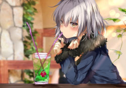 Rule 34 | 1girl, bad id, bad pixiv id, bendy straw, blue jacket, blurry, blurry background, blush, brown eyes, closed mouth, commentary request, cup, depth of field, drink, drinking glass, drinking straw, fate/grand order, fate (series), fur-trimmed jacket, fur-trimmed sleeves, fur trim, hair between eyes, hand up, indoors, jacket, jeanne d&#039;arc (fate), jeanne d&#039;arc alter (fate), jeanne d&#039;arc alter (ver. shinjuku 1999) (fate), long sleeves, looking at viewer, official alternate costume, pon (ponidrop), silver hair, sleeves past wrists, solo, wicked dragon witch ver. shinjuku 1999