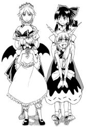 Rule 34 | 4girls, :d, apron, bat wings, bloomers, blouse, blush, boots, bow, bracelet, braid, buttons, collared shirt, cross-laced footwear, detached sleeves, dress shirt, fang, female focus, frilled apron, frilled bow, frilled shirt collar, frilled skirt, frills, frown, greyscale, hair bow, hair tubes, hakurei reimu, hands on another&#039;s shoulders, happy, hat, hat ribbon, height difference, hikawa shou, horn ornament, horn ribbon, horns, ibuki suika, izayoi sakuya, jewelry, lace-up boots, long hair, looking at another, looking up, low-tied long hair, maid headdress, mary janes, mob cap, monochrome, multiple girls, no shoes, open mouth, puffy short sleeves, puffy sleeves, remilia scarlet, ribbon, scarf, shirt, shoes, short hair, short sleeves, side braid, skirt, sleeveless, sleeveless shirt, smile, socks, teeth, touhou, twin braids, underwear, wide sleeves, wings
