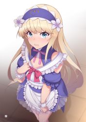 Rule 34 | 1boy, apron, blonde hair, blue eyes, blurry, blush, chevalier d&#039;eon (fate), commentary request, crossdressing, depth of field, detached sleeves, dress, fate/grand order, fate (series), frilled dress, frilled sleeves, frills, hairband, highres, long hair, looking at viewer, maid apron, male focus, mku, official alternate costume, open mouth, pink ribbon, puffy short sleeves, puffy sleeves, purple dress, purple hairband, ribbon, see-through, short sleeves, sidelocks, solo, standing, tears, trap, very long hair, wrist cuffs