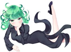 Rule 34 | 1girl, absurdres, bitseon, black dress, black footwear, blush, breasts, closed mouth, commentary request, curly hair, dress, flipped hair, green eyes, green hair, high heels, highres, long sleeves, looking at viewer, lying, medium hair, on stomach, one-punch man, simple background, small breasts, solo, tatsumaki, white background