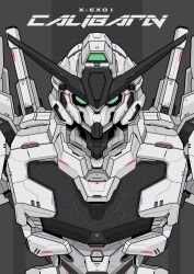 Rule 34 | absurdres, alternate color, character name, commentary, english commentary, english text, green eyes, grey background, gundam, gundam calibarn, gundam suisei no majo, highres, looking at viewer, mecha, mobile suit, no humans, robot, science fiction, solo, upper body, v-fin, voxiela