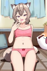 Rule 34 | 1girl, animal ears, bag, beanie, belly, bra, breasts, brown hair, commission, curtains, denyel, flat chest, hair ornament, hairclip, hat, highres, indoors, komachi panko, looking at viewer, navel, open mouth, panties, phase connect, pink bra, pink eyes, pink panties, raccoon ears, raccoon girl, raccoon tail, short hair, sitting, small breasts, smug, solo, tail, thick eyebrows, thighs, underwear, underwear only, virtual youtuber