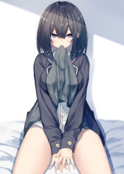 Rule 34 | 1girl, bed sheet, between legs, black hair, black jacket, blazer, blush, breasts, closed mouth, clothes in mouth, clothes lift, collared shirt, commentary request, dress shirt, grey skirt, hair between eyes, hand between legs, highres, jacket, kavka, lifted by self, long sleeves, medium breasts, mouth hold, open clothes, open jacket, original, purple eyes, shadow, shirt, sitting, skirt, skirt in mouth, skirt lift, sleeves past wrists, solo, tears, white background, white shirt