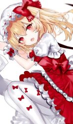 Rule 34 | 1girl, blonde hair, bow, flandre scarlet, hat, hat bow, looking at viewer, medium hair, pointy ears, red bow, red eyes, sakippo (sakippo0), solo, touhou, white hat