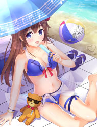 Rule 34 | 1girl, :p, a-chan (hololive), ankimo (tokino sora), ball, beach umbrella, beachball, blue eyes, blush, bracelet, breasts, brown hair, cleavage, female focus, food, hair ornament, heart, highres, hololive, jewelry, large breasts, licking, long hair, looking at viewer, musical note, popsicle, rocky0206, sand, sandals, sarong, sitting, solo, star (symbol), star hair ornament, sunglasses, swimsuit, tokino sora, tokino sora (1st costume), tongue, tongue out, umbrella, virtual youtuber