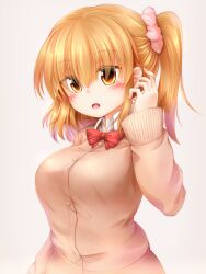 Rule 34 | 1girl, blush, bow, bowtie, breasts, brown eyes, brown sweater, buttons, collared shirt, hair between eyes, hair ornament, hair scrunchie, hand in own hair, highres, large breasts, long sleeves, marukyuu ameya, open mouth, orange hair, original, pink scrunchie, red bow, red bowtie, scrunchie, shirt, side ponytail, simple background, solo, sweater, upper body, white shirt