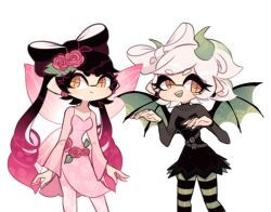 Rule 34 | 2girls, bad id, bad tumblr id, belt, belt buckle, black dress, black pantyhose, bow-shaped hair, buckle, callie (splatoon), cephalopod eyes, charamells, closed mouth, commentary, cousins, cowboy shot, demon costume, demon horns, demon wings, dress, dress flower, drill hair, earrings, english commentary, eyelashes, fairy, fairy wings, fangs, floral print, flower, flower earrings, ghost pose, gradient hair, green horns, green pantyhose, green wings, grey belt, grey shirt, grey sleeves, hair flower, hair ornament, halloween costume, happy, horns, jewelry, leaf, long sleeves, looking at viewer, marie (splatoon), multicolored hair, multiple girls, nintendo, open mouth, pantyhose, pink dress, pink flower, pink pantyhose, pink rose, pink sleeves, pink wings, pointy ears, rose, rose print, shirt, short dress, short hair, simple background, smile, splatoon (series), strapless, strapless dress, striped clothes, striped pantyhose, teeth, tentacle hair, turtleneck, turtleneck shirt, twin drills, twintails, two-tone pantyhose, white background, white hair, wings, yellow eyes