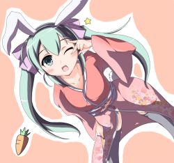 Rule 34 | 1girl, animal ears, aqua eyes, aqua hair, blush, carrot, female focus, guunome, hatsune miku, japanese clothes, long hair, one eye closed, open mouth, rabbit ears, rabbit tail, simple background, solo, star (symbol), tail, thighhighs, twintails, vocaloid, wink