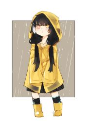 Rule 34 | 1girl, aged down, black hair, boots, commentary request, girls&#039; frontline, heterochromia, highres, ki lllorz, korean commentary, long hair, multicolored hair, rain, raincoat, red eyes, ro635 (girls&#039; frontline), rubber boots, skirt, socks, solo, streaked hair, twintails, white hair, yellow eyes, yellow footwear, yellow raincoat