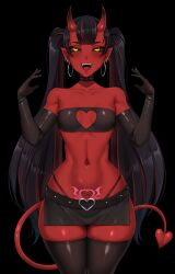 Rule 34 | 1girl, :d, bandeau, bare shoulders, black background, black choker, black gloves, black hair, black sclera, black thighhighs, blunt bangs, breasts, choker, cleavage cutout, clothing cutout, collarbone, colored sclera, colored skin, commentary, cowboy shot, demon girl, demon tail, ear piercing, earrings, elbow gloves, english commentary, fangs, gloves, heart, heart cutout, heart tattoo, highres, hoop earrings, horns, jewelry, long hair, microskirt, navel, open mouth, original, piercing, pointy ears, pubic tattoo, red hair, red skin, simple background, skirt, small breasts, smile, solo, stomach, studded choker, tail, tattoo, thigh gap, thighhighs, tongue piercing, twintails, twrlare, very long hair, wide hips, yellow eyes