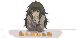 Rule 34 | 1girl, ahoge, bird, brown hair, candy, chick, dated, food, green eyes, hand on chin, highres, hiyajou maho, long hair, menomorute, messy hair, solo, steins;gate, steins;gate 0, tagme, very long hair, white background
