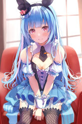 Rule 34 | 1girl, animal ears, armchair, blue hair, blush, breasts, chair, closed mouth, detached collar, detached sleeves, fake animal ears, hat, highres, hololive, indoors, long hair, looking at viewer, manly, mini hat, mini top hat, necktie, nira (vira), pink eyes, puffy short sleeves, puffy sleeves, scattered hair, short necktie, short sleeves, sitting, small breasts, smile, solo, thick eyebrows, thighhighs, top hat, usada pekora, usada pekora (furi furi bunny dress), v arms, very long hair, virtual youtuber, wrist cuffs