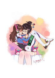 Rule 34 | &gt; &lt;, 2girls, :q, alternate costume, armor, artist name, bad id, bad pixiv id, beads, black-framed eyewear, blue sky, blush, bodysuit, boots, breasts, brown eyes, brown hair, canister, censored, clothes writing, collarbone, d.va (overwatch), dated, dress, emblem, facial mark, flying sweatdrops, from below, glasses, gloves, gradient background, hair bun, hair ornament, hair stick, hand on another&#039;s shoulder, hand on own face, hand to own mouth, headphones, heart, highres, implied fingering, large breasts, light smile, logo, long hair, looking at another, looking at viewer, mecha, medium breasts, mei (overwatch), multiple girls, novelty censor, overwatch, overwatch 1, pilot suit, robot, saliva, saliva trail, short hair, sidelocks, single hair bun, sitting, sitting on lap, sitting on person, skin tight, sky, swept bangs, thigh boots, thighhighs, thighs, tongue, tongue out, tsubasa tsubasa, whisker markings, white background, white footwear, white gloves, yuri
